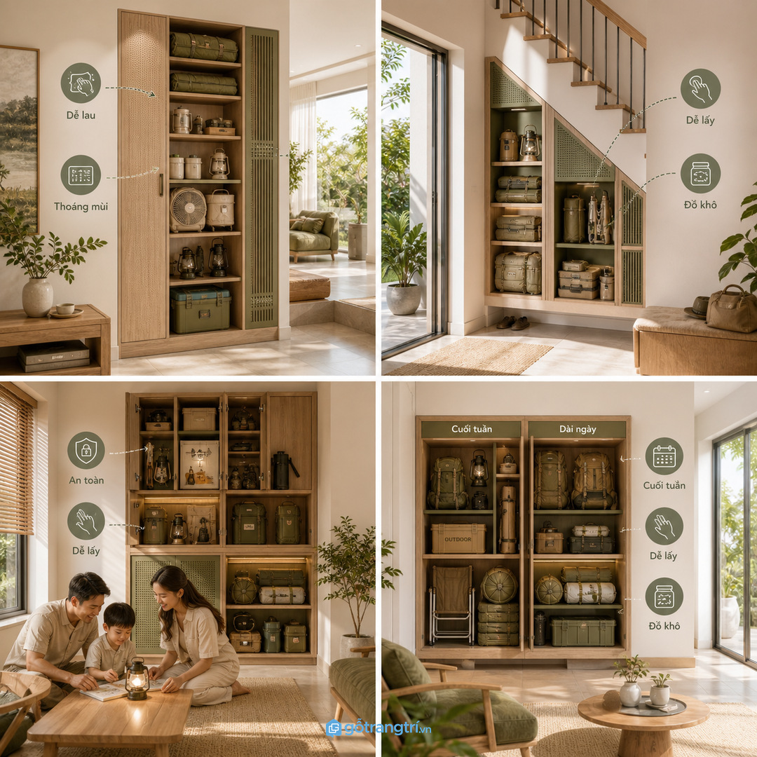 Gầm cầu thang hoặc lối vào phụ có thể thành góc cất đồ dã ngoại gọn
