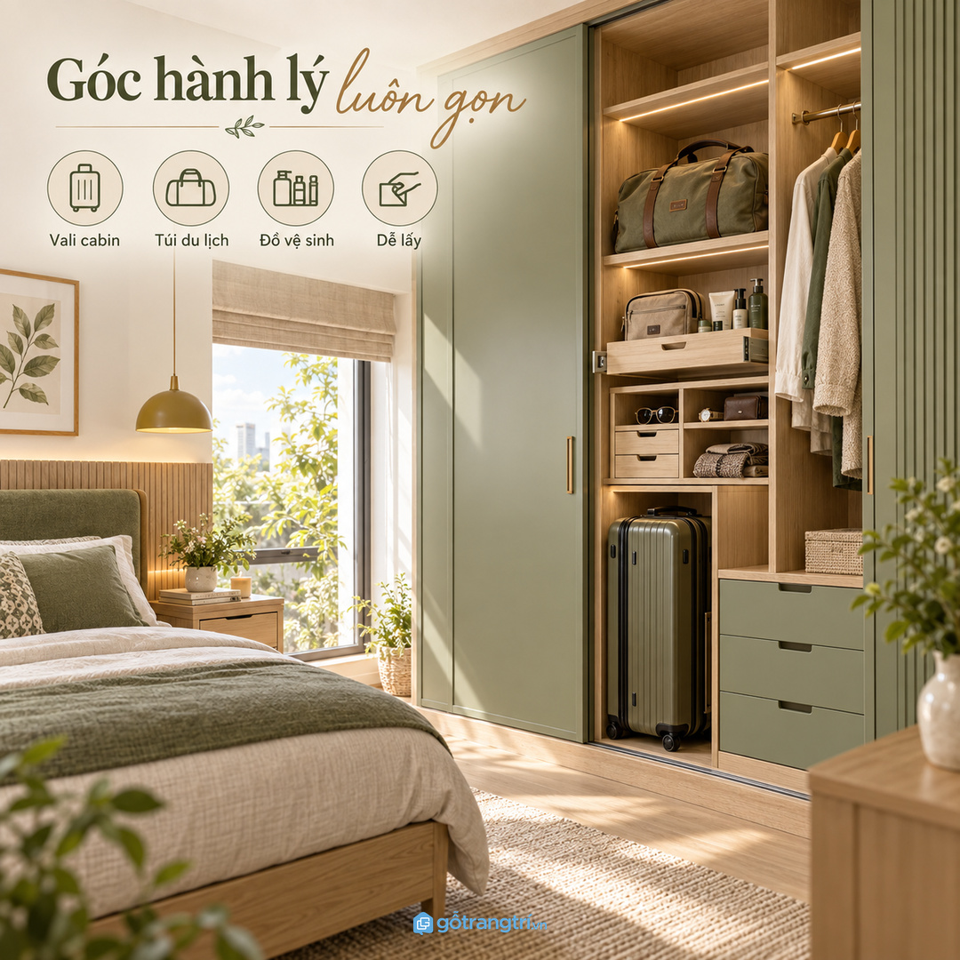 Phòng ngủ nhỏ hợp tủ mỏng cao hoặc khoang cạnh tủ áo để không nghẽn lối đi