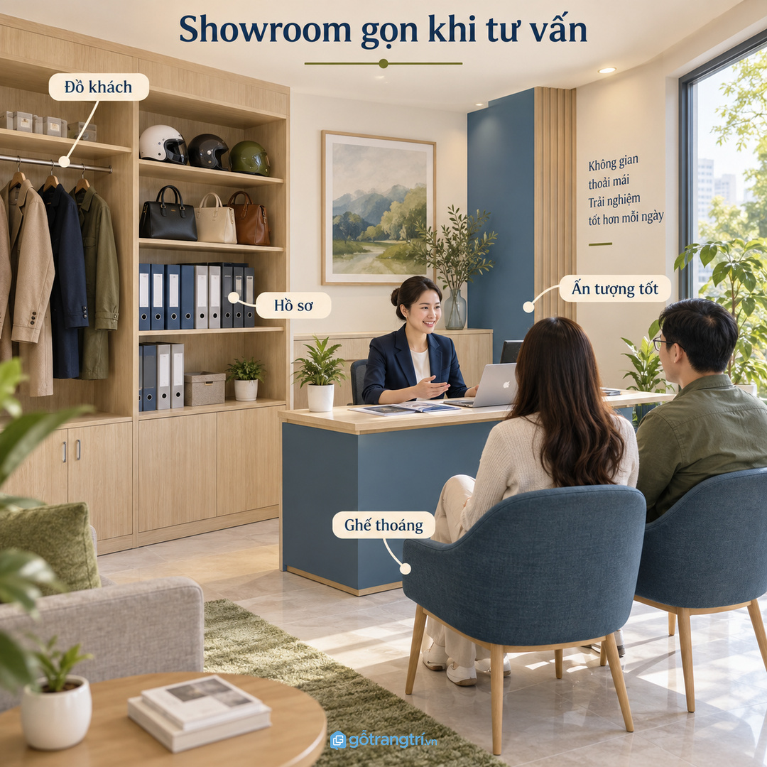 Showroom tư vấn cần tủ khách gọn để ghế ngồi và bàn trao đổi luôn sạch