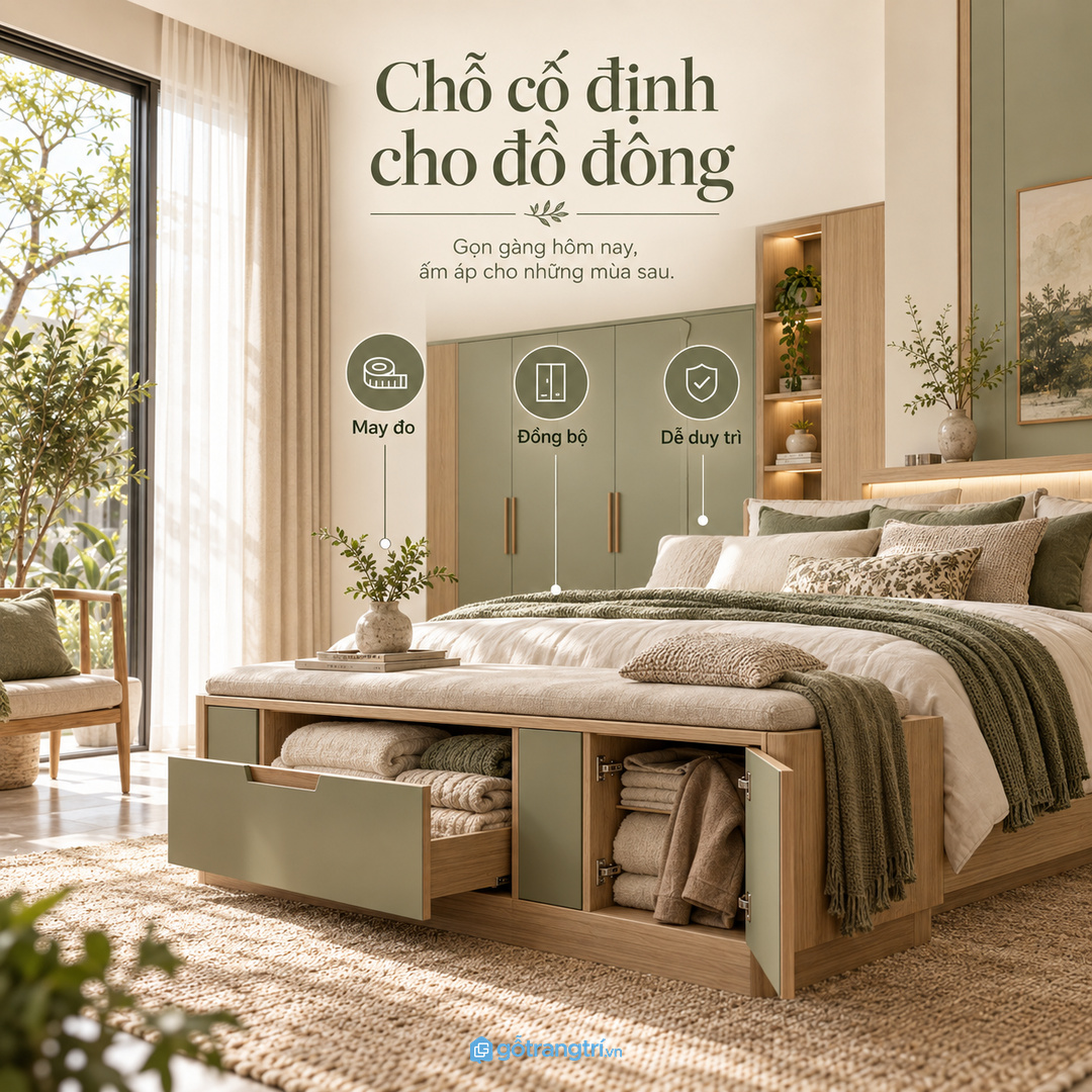 Phòng ngủ nhỏ hợp tủ cuối giường thấp mỏng và cùng màu với giường
