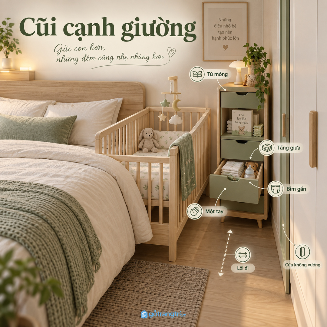 Phòng bố mẹ có thêm cũi cần tủ mỏng và tầng giữa dễ lấy