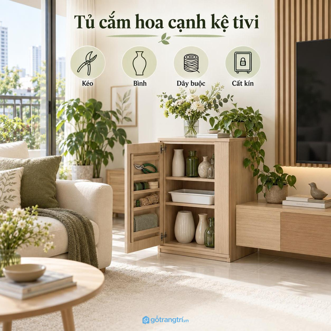 Tủ thấp hoặc tủ mỏng cạnh sofa giúp lấy đồ nhanh mà không cản lối đi