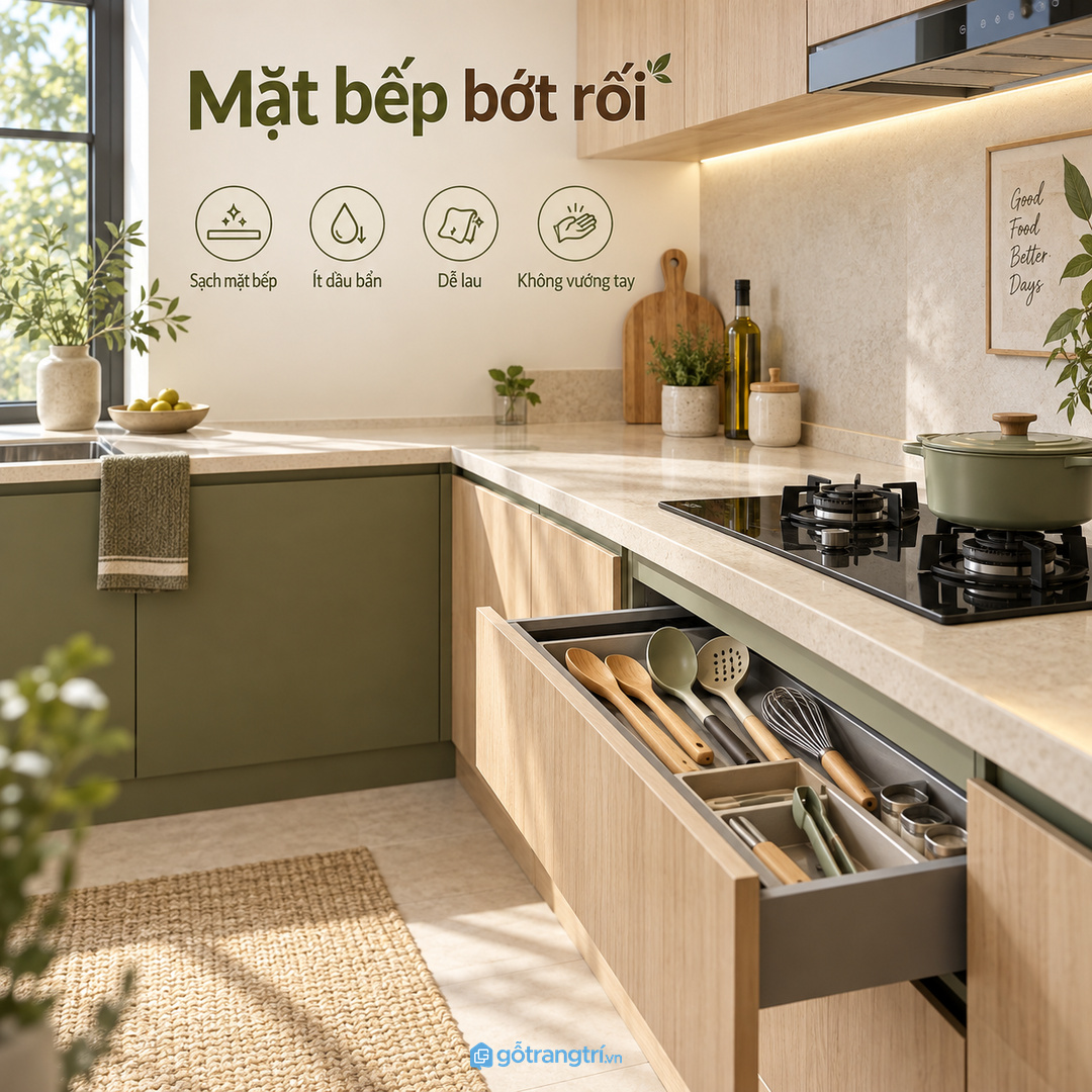 Bếp chung cư hợp ngăn kéo mỏng có khay chia thay vì ống cắm trên bàn