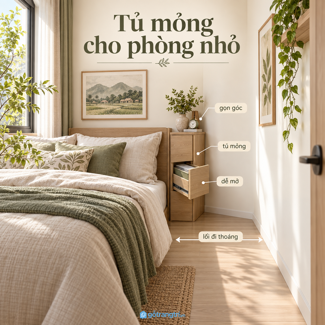 Phòng ngủ nhỏ hợp tủ đầu giường mỏng hoặc hộc âm để không nghẽn lối đi