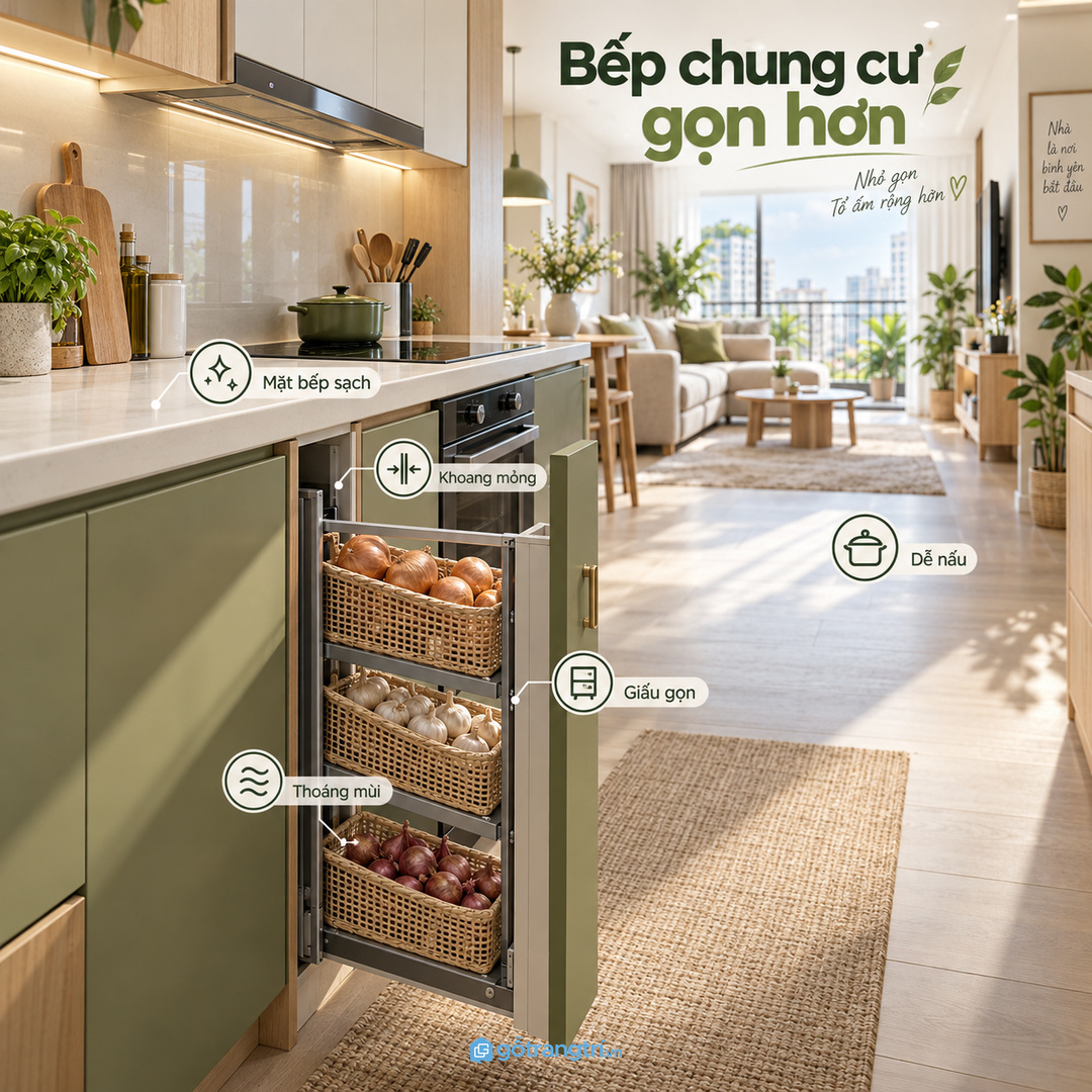 Bếp chung cư nhỏ nên giấu hành tỏi trong khoang tủ mỏng gọn