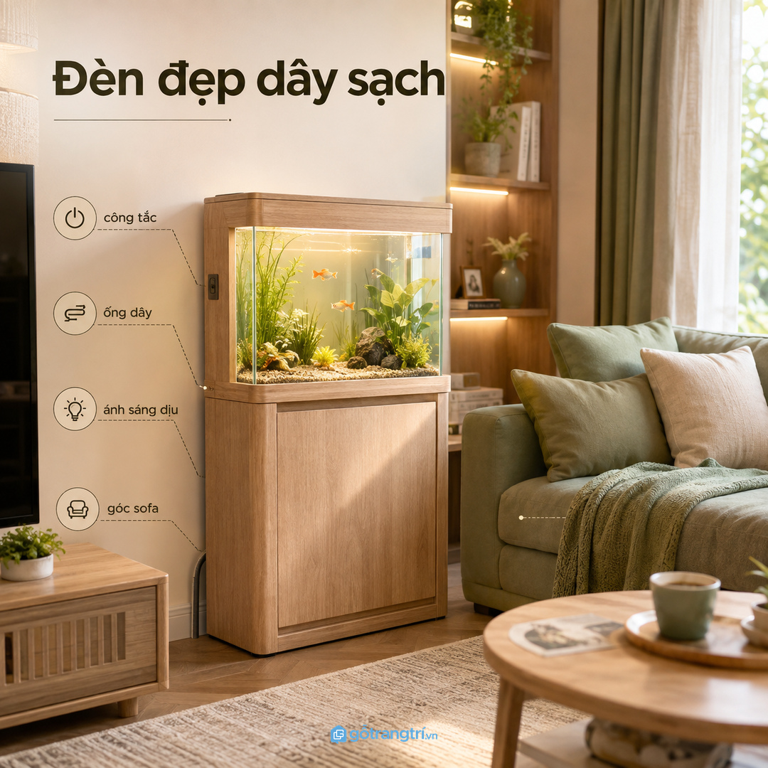 Đèn hồ cá đẹp hơn khi dây điện và công tắc được đi gọn