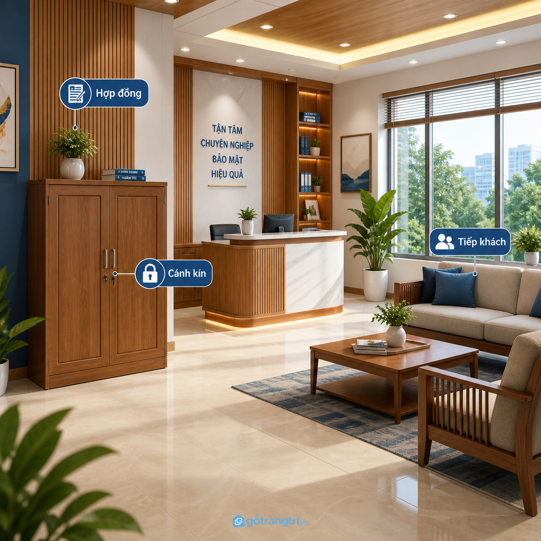 Phòng kế toán nhỏ cần tủ thấp sau lưng để lấy chứng từ nhanh