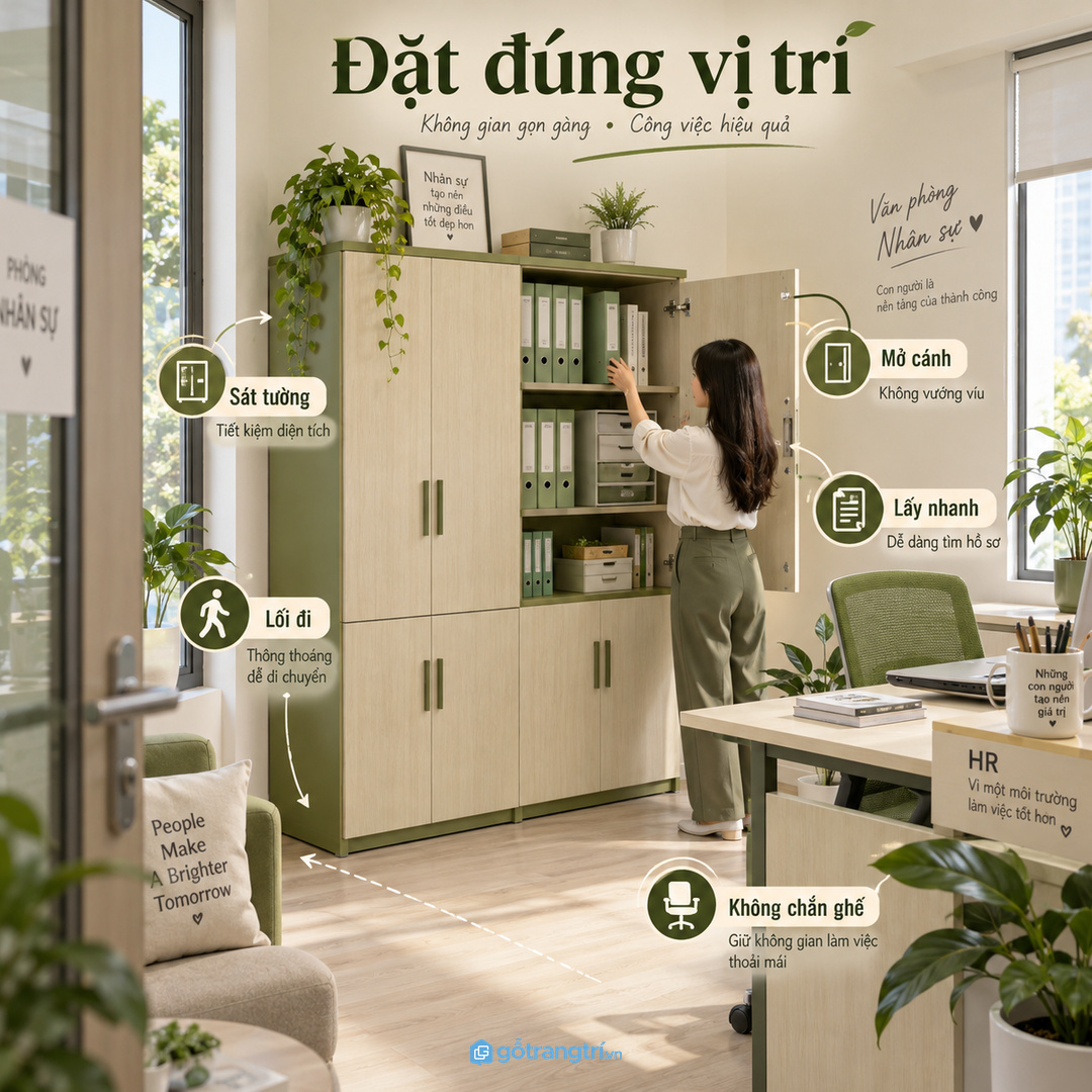 Tủ đặt sát tường giúp phòng nhân sự nhỏ thoáng hơn khi thao tác