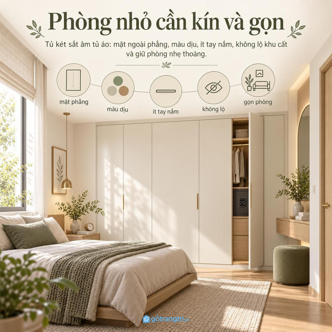 Phòng ngủ nhỏ cần mặt tủ kín gọn và màu dịu