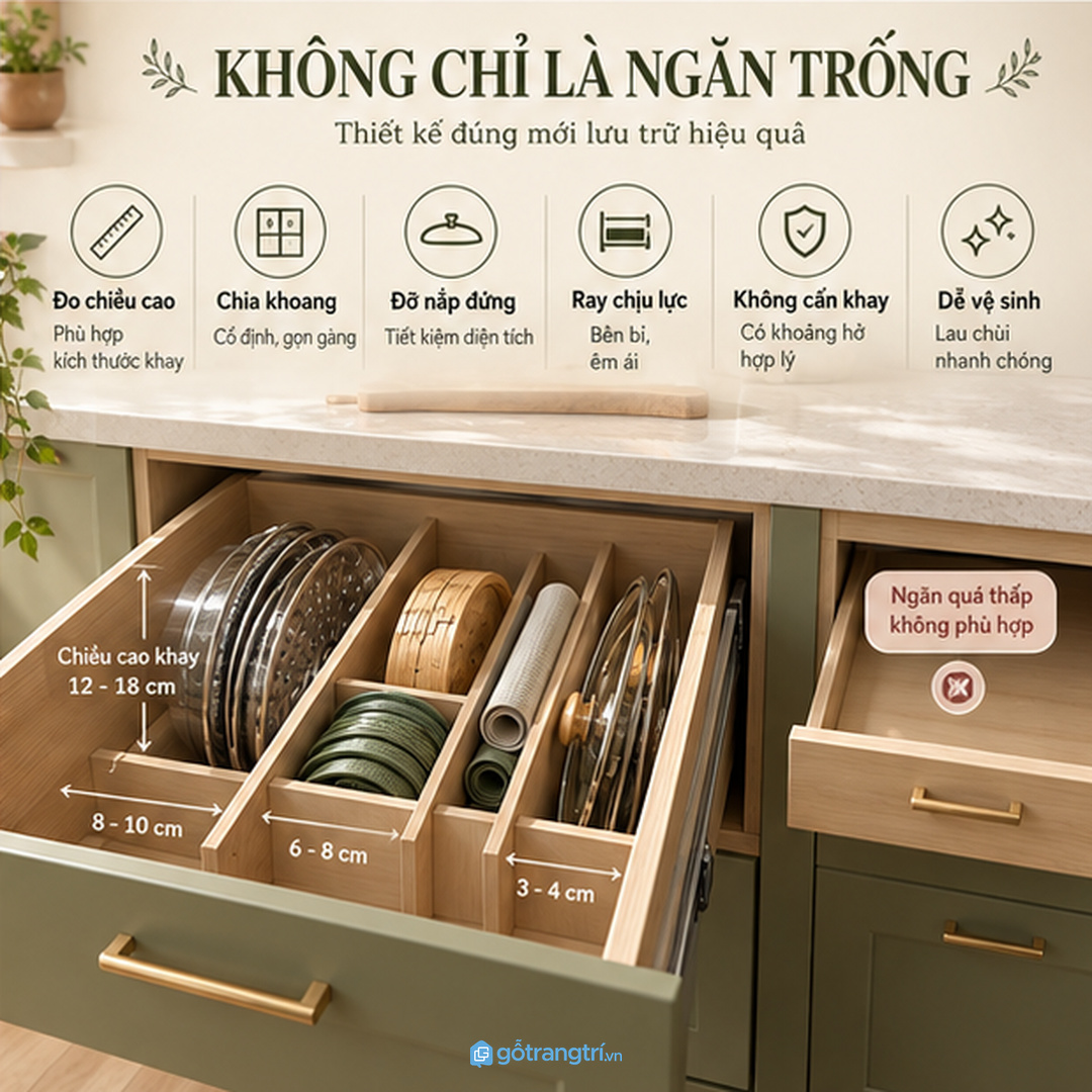 Bếp chung cư hợp tủ hẹp cao để dựng khay và nắp theo chiều đứng