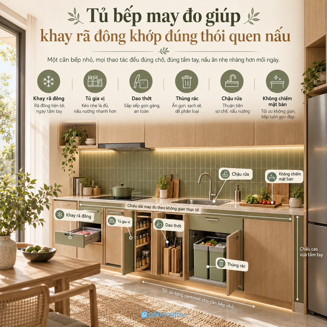 Bếp chung cư nhỏ hợp hộc rã đông mỏng, đóng lại gọn mắt và mở ra là dùng ngay