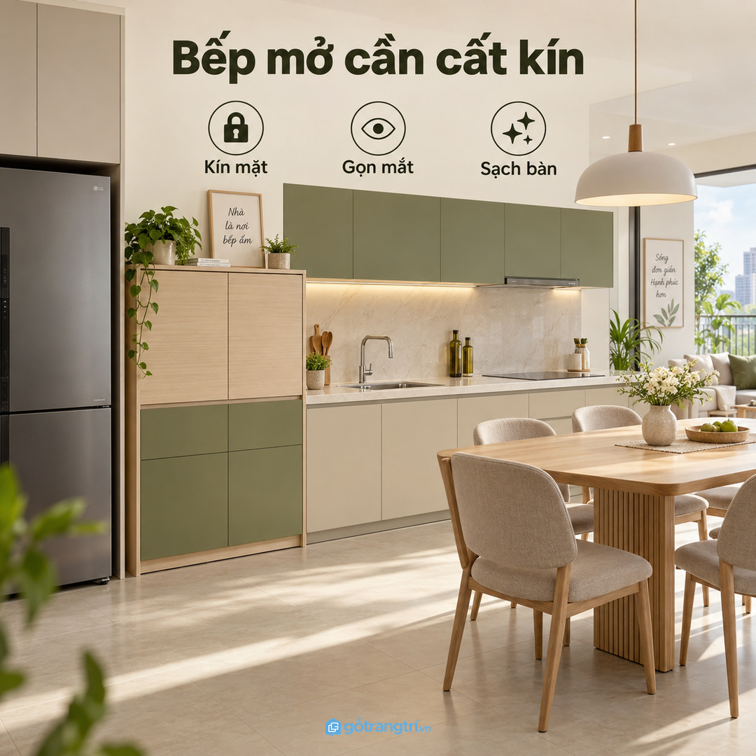 Căn hộ bếp mở cần cất vỉ trứng kín và gọn mắt