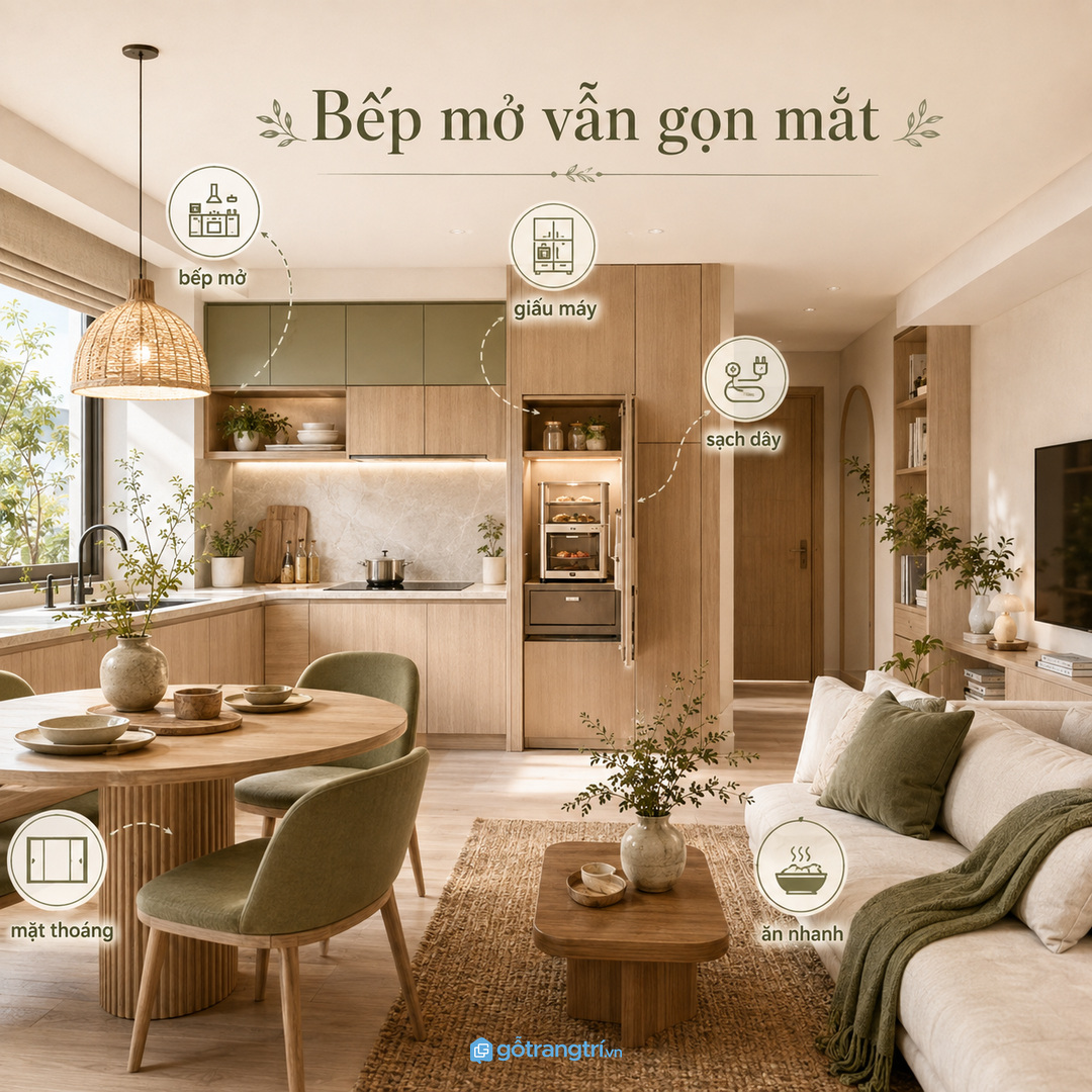 Bếp mở trong studio cần giấu máy để phòng khách vẫn nhìn sạch mắt