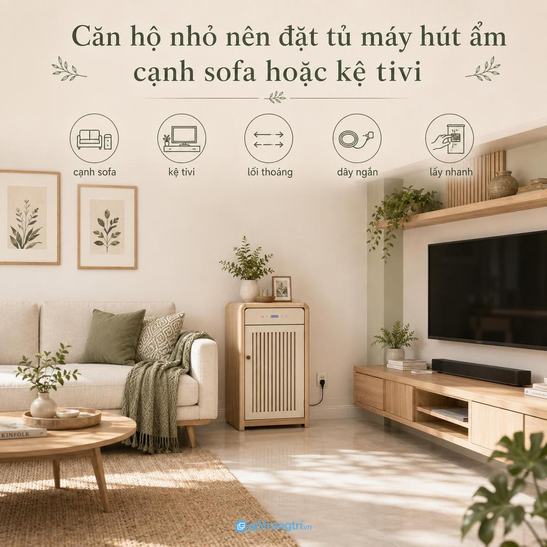Căn hộ nhỏ nên đặt tủ máy hút ẩm cạnh sofa hoặc kệ tivi