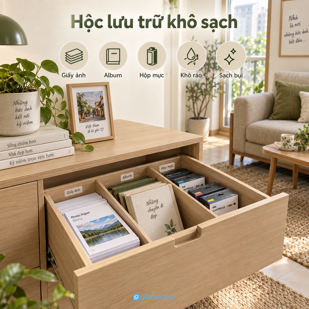 Gia đình có trẻ nhỏ cần hộc thấp dễ cất nhưng vẫn kiểm soát hộp mực và giấy ảnh