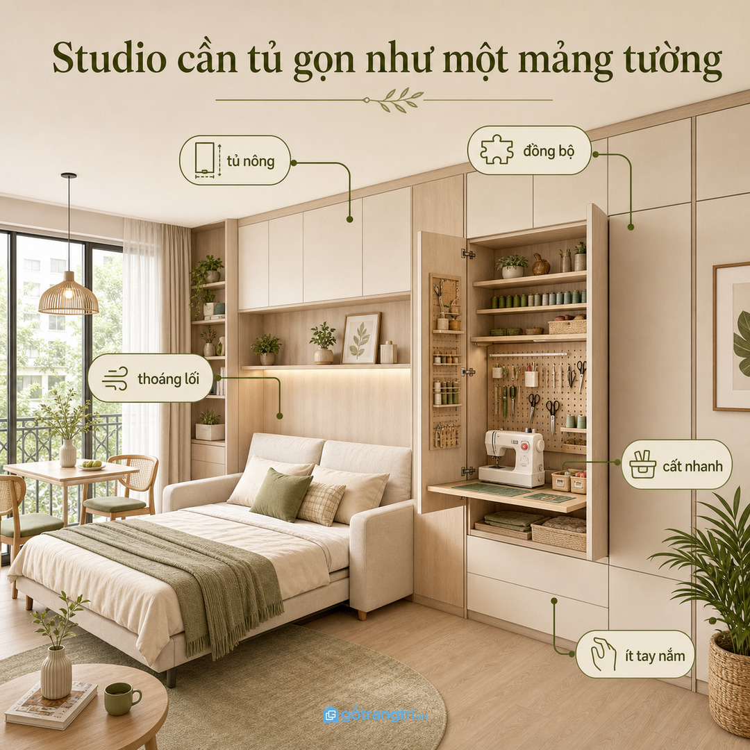 Căn hộ studio hợp tủ nông đồng bộ như một mảng tường