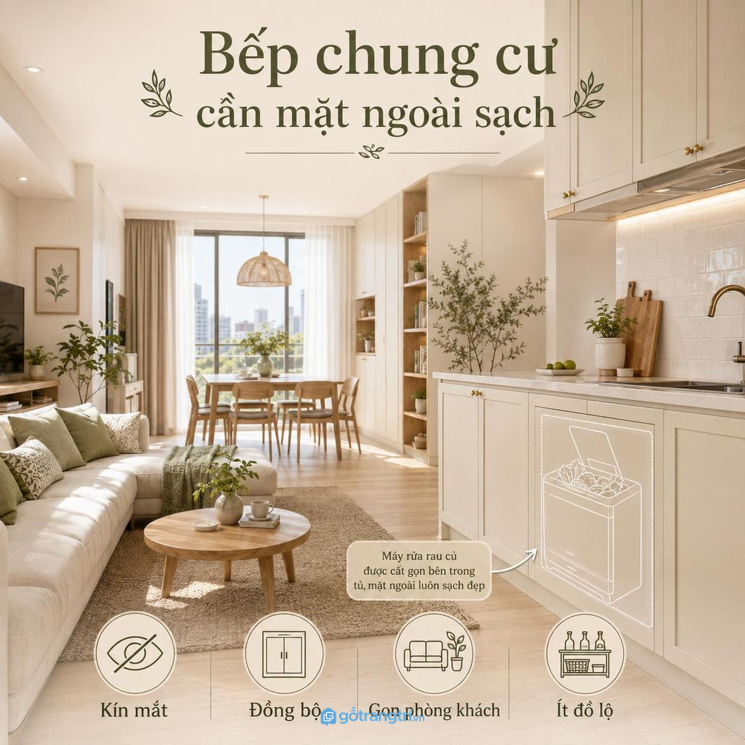 Bếp chung cư nên giấu máy rửa rau sau mặt cánh đồng bộ sạch mắt