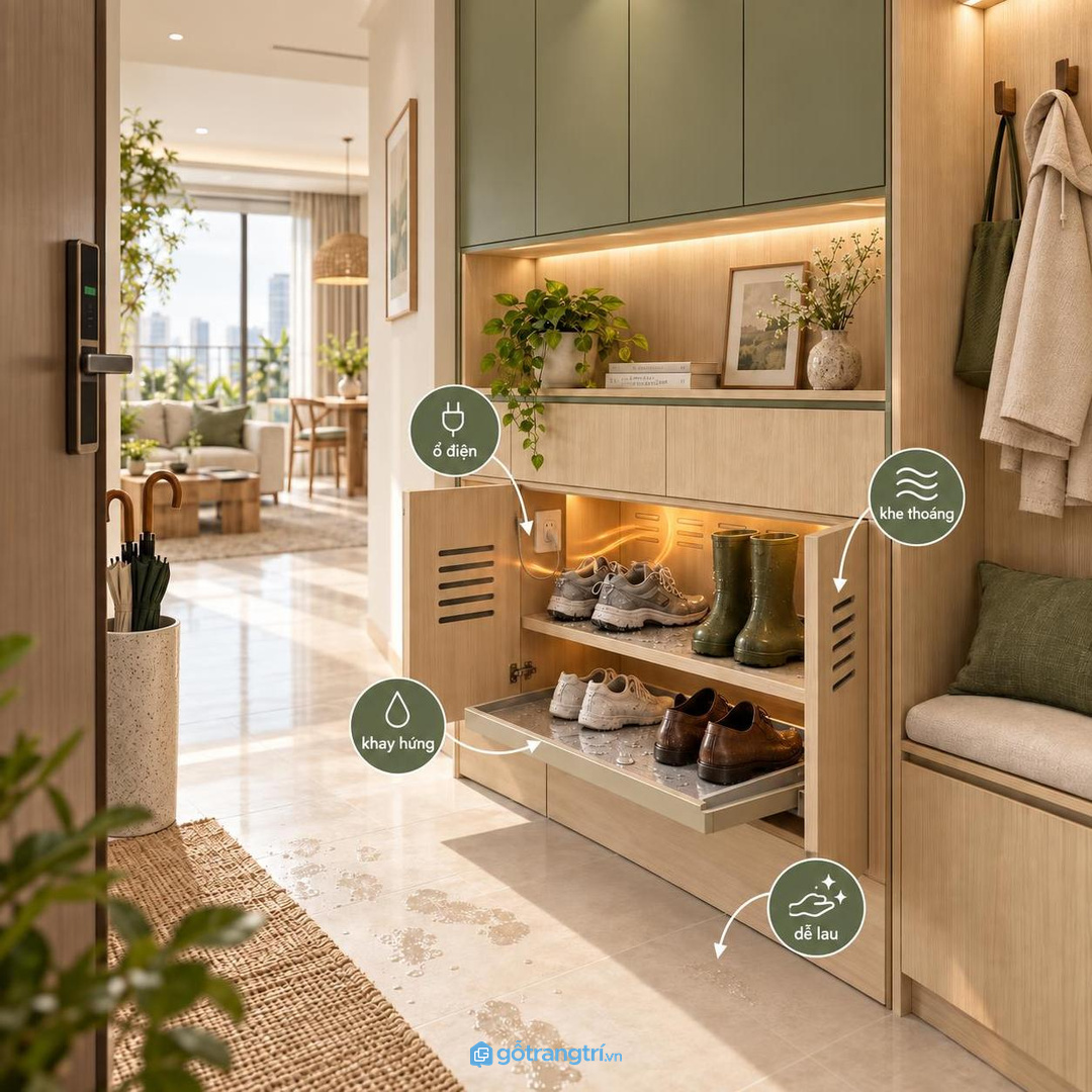 Vật liệu dễ lau giúp tủ giày dùng lâu trong mùa mưa