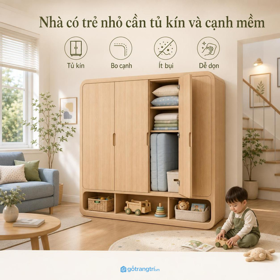 Nhà có bố mẹ hoặc khách lớn tuổi cần tủ nệm gấp vừa tầm dễ kéo và an toàn