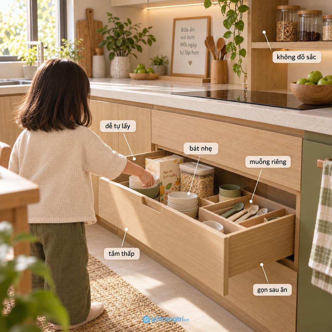 Nhà có trẻ nhỏ cần góc bữa sáng an toàn và dễ tự lấy