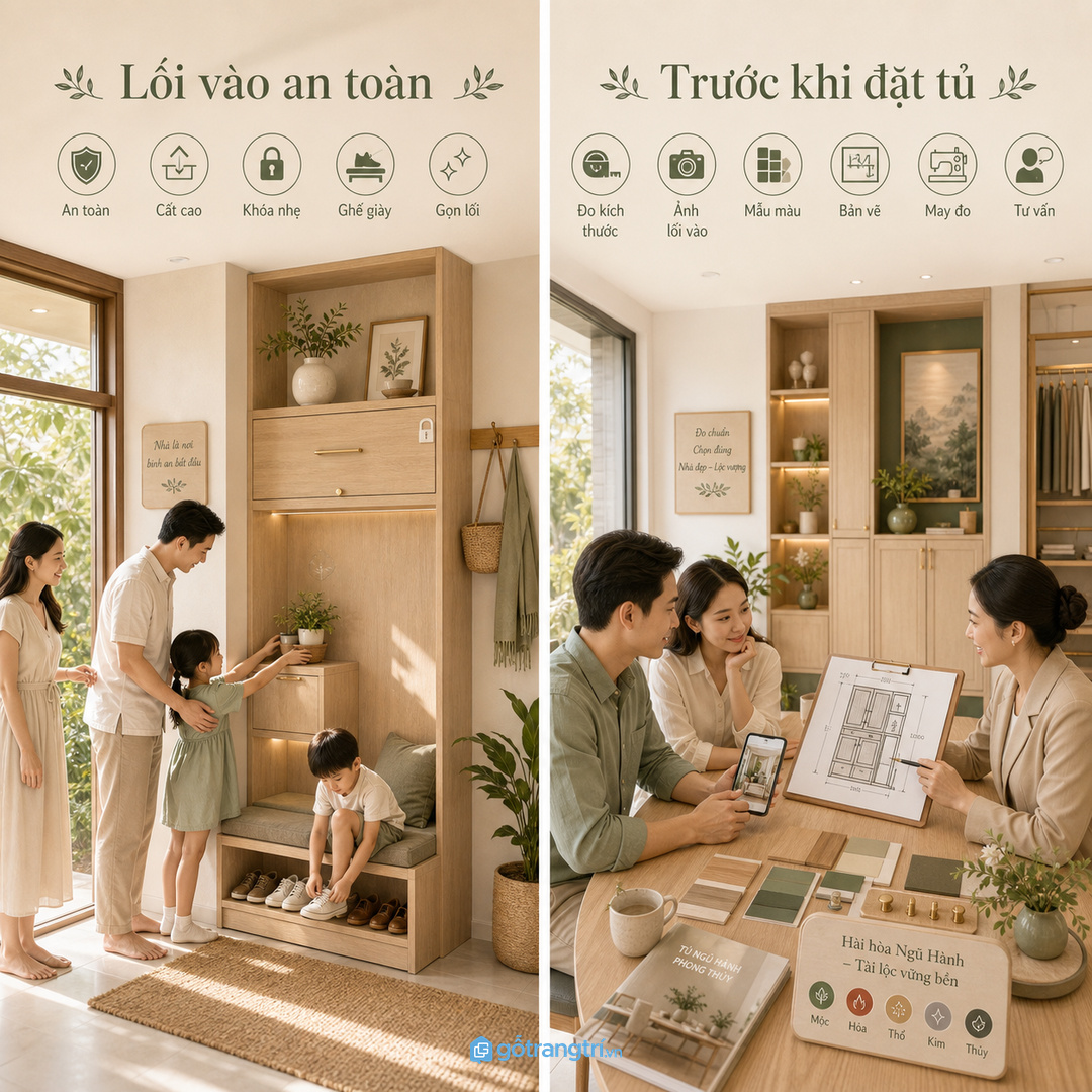 Tủ mỏng cho lối nhỏ giữ cửa vào thoáng và không vướng chân