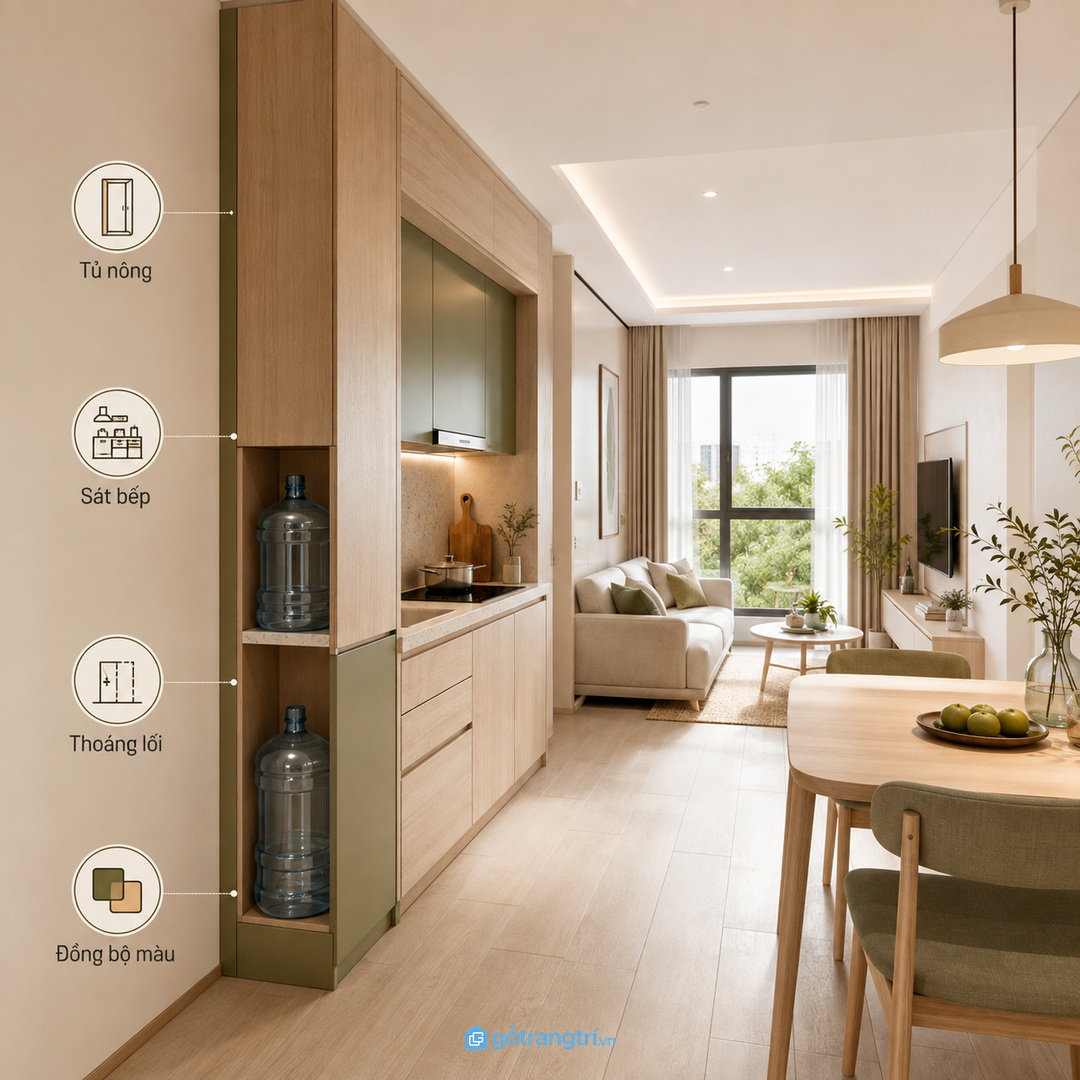 Căn hộ studio hợp tủ nông cạnh bếp hoặc bàn ăn không chắn lối