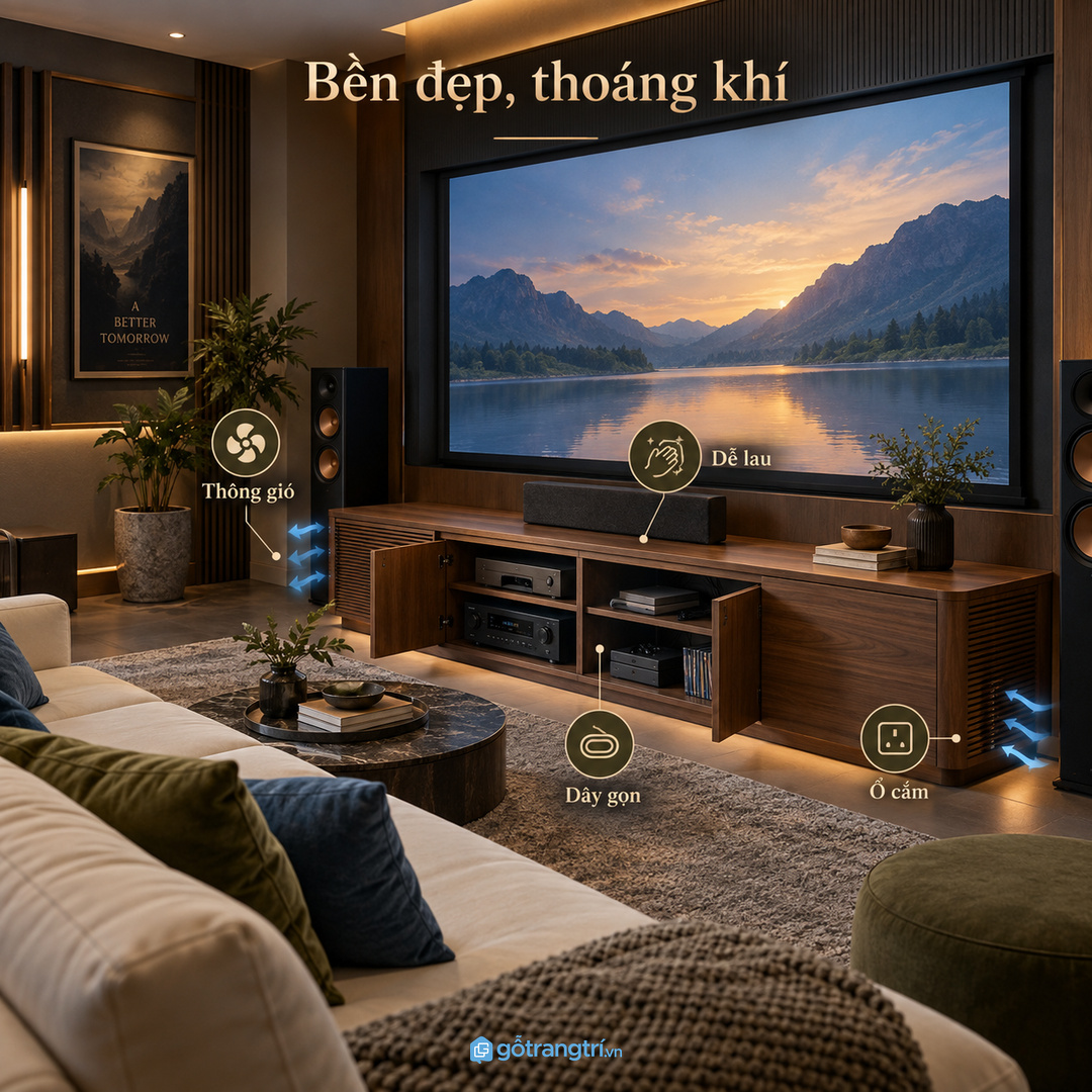 Phòng phim biệt thự hợp tủ thấp đồng bộ ánh sáng và vật liệu