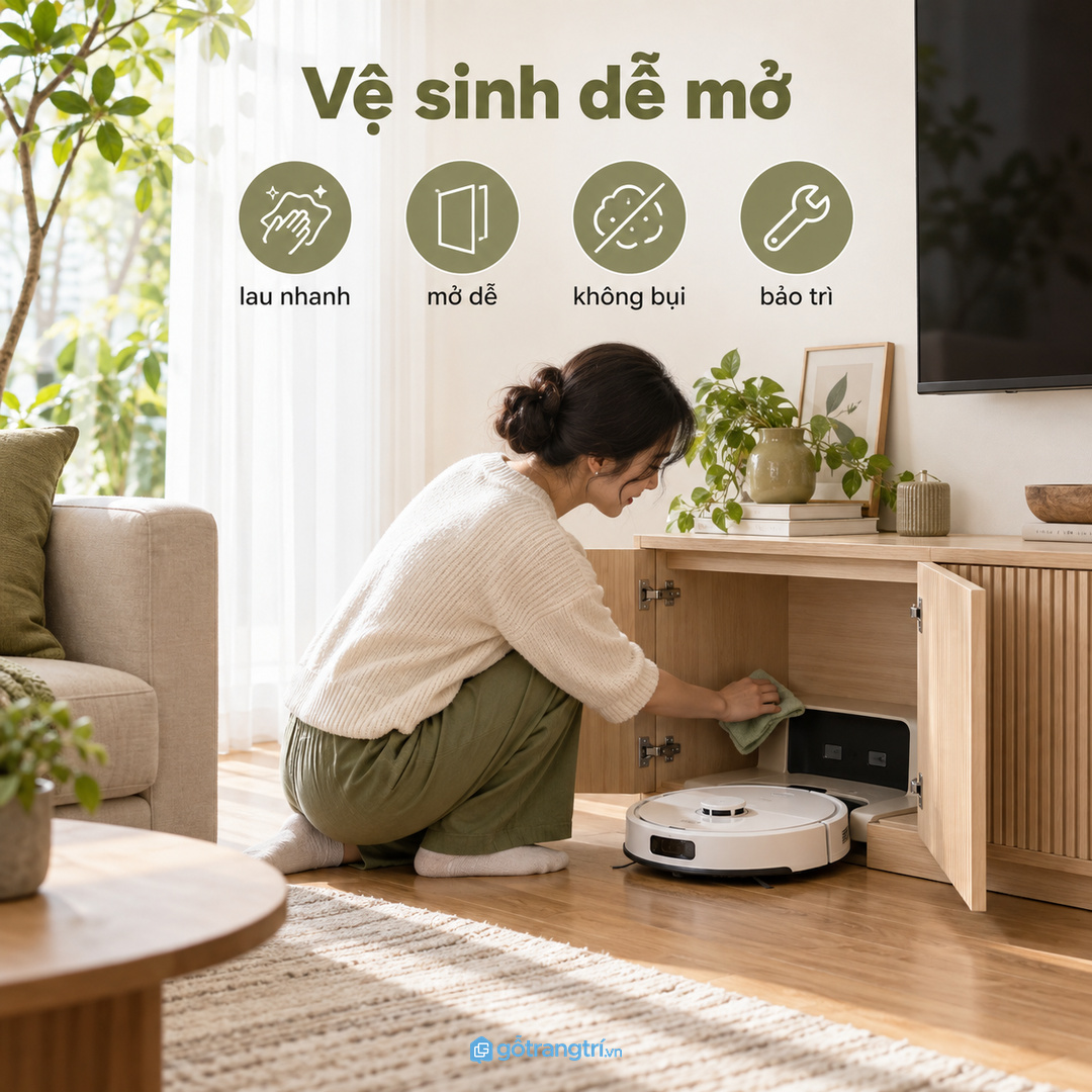 Phòng khách căn hộ nhỏ hợp tủ mỏng có khoang dock thấp và mặt ngoài đồng bộ kệ tivi