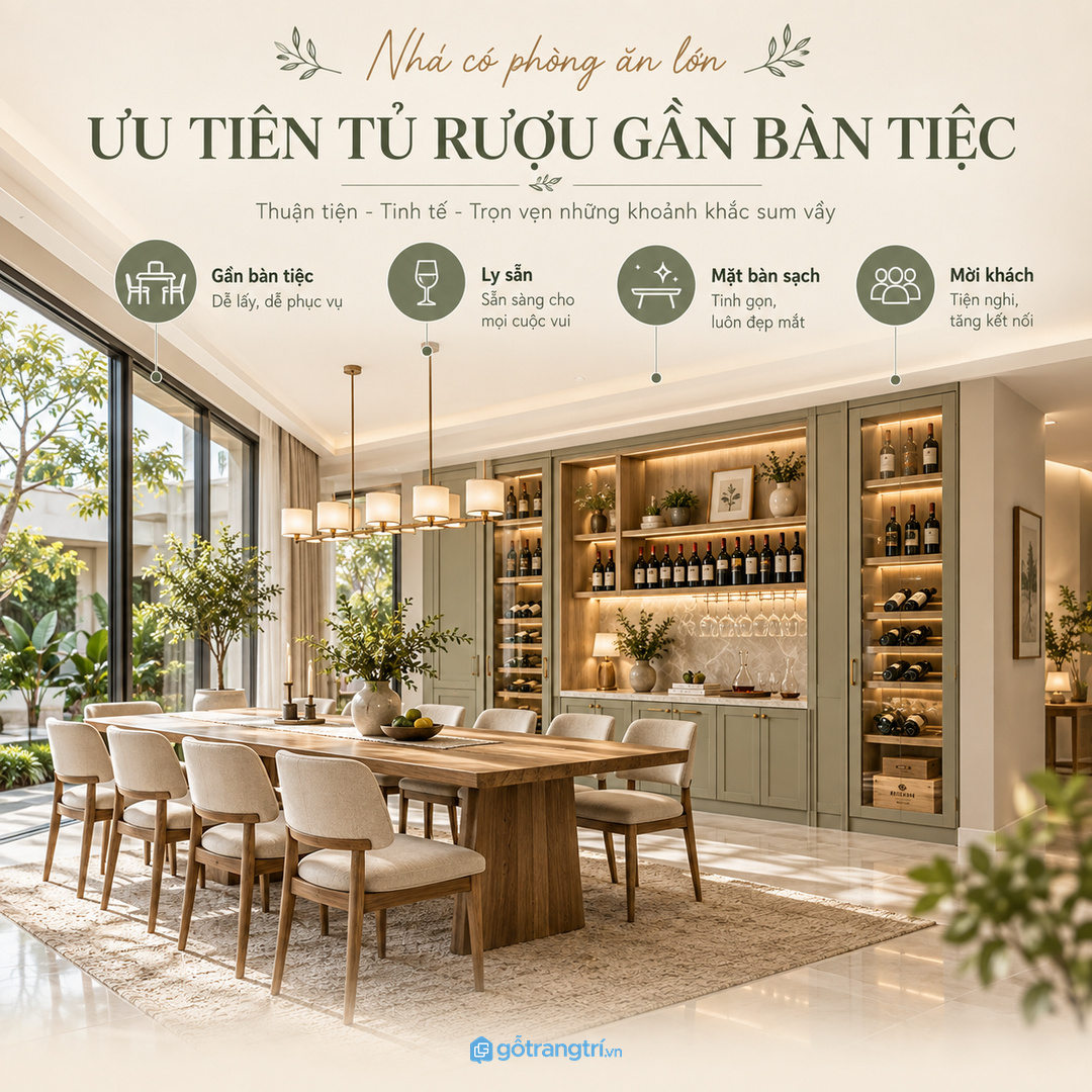 Phòng ăn lớn nên ưu tiên tủ rượu gần bàn tiệc để mời khách nhanh