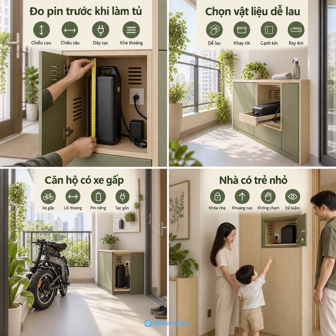 Căn hộ có xe gấp cần tủ thấp gọn để giữ lối đi thoáng