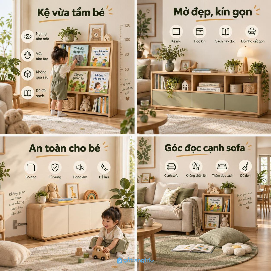 Góc đọc cạnh sofa hợp căn hộ ít phòng riêng