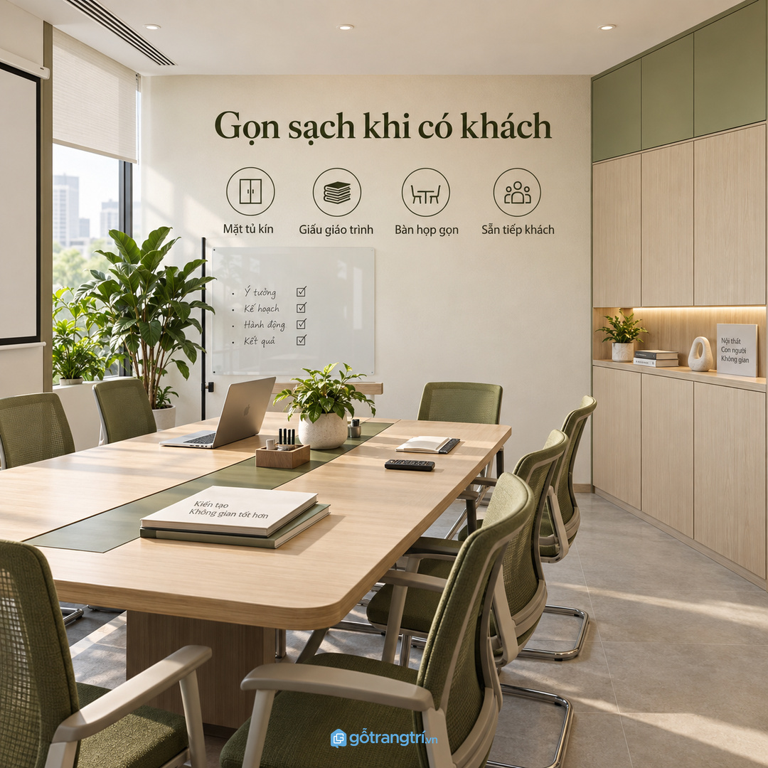 Phòng họp kiêm đào tạo cần tủ đặt sát luồng setup nhưng không cản ghế và lối đi