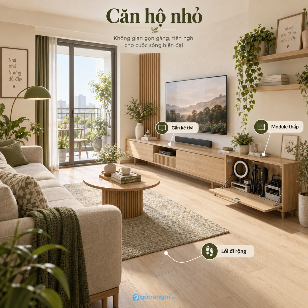 Căn hộ nhỏ hợp module thấp cạnh kệ tivi để không chiếm thêm mặt sàn