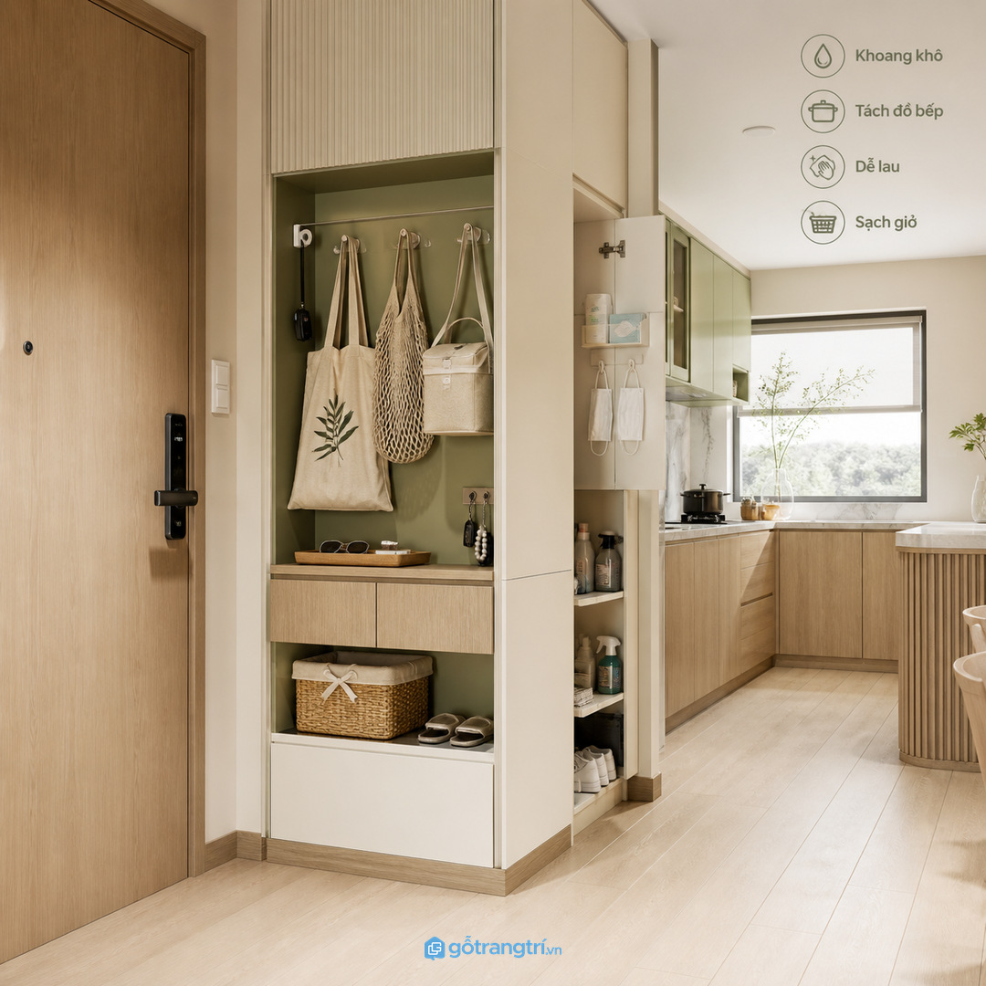 Gia đình trẻ nên tách đồ sạch, đồ ướt và đồ trẻ nhỏ trong tủ lối vào