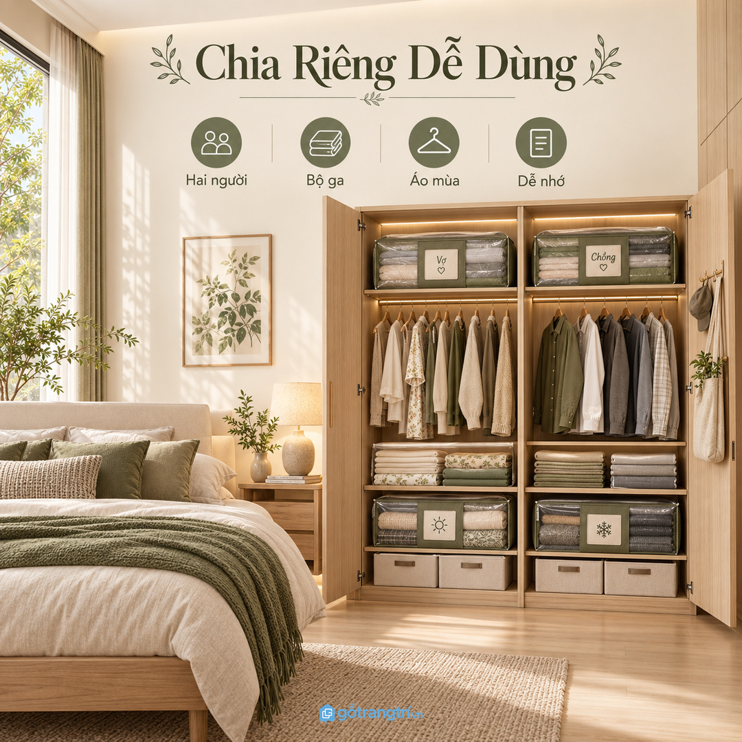 Phòng ngủ vợ chồng nên chia riêng đồ mùa theo người và theo bộ dùng chung