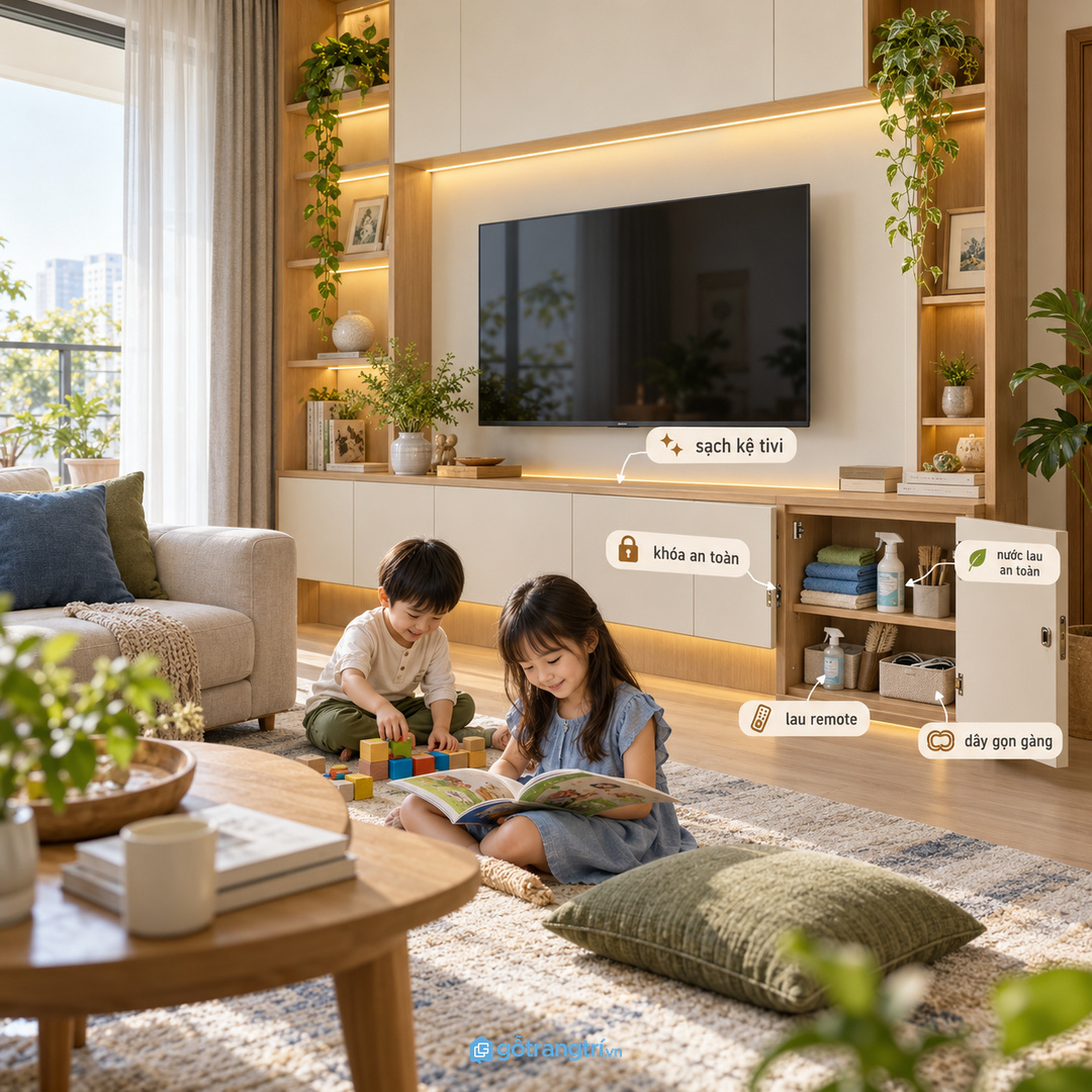 Gia đình có trẻ nhỏ cần khoang đóng kín và thói quen trả đồ đúng chỗ sau khi lau tivi