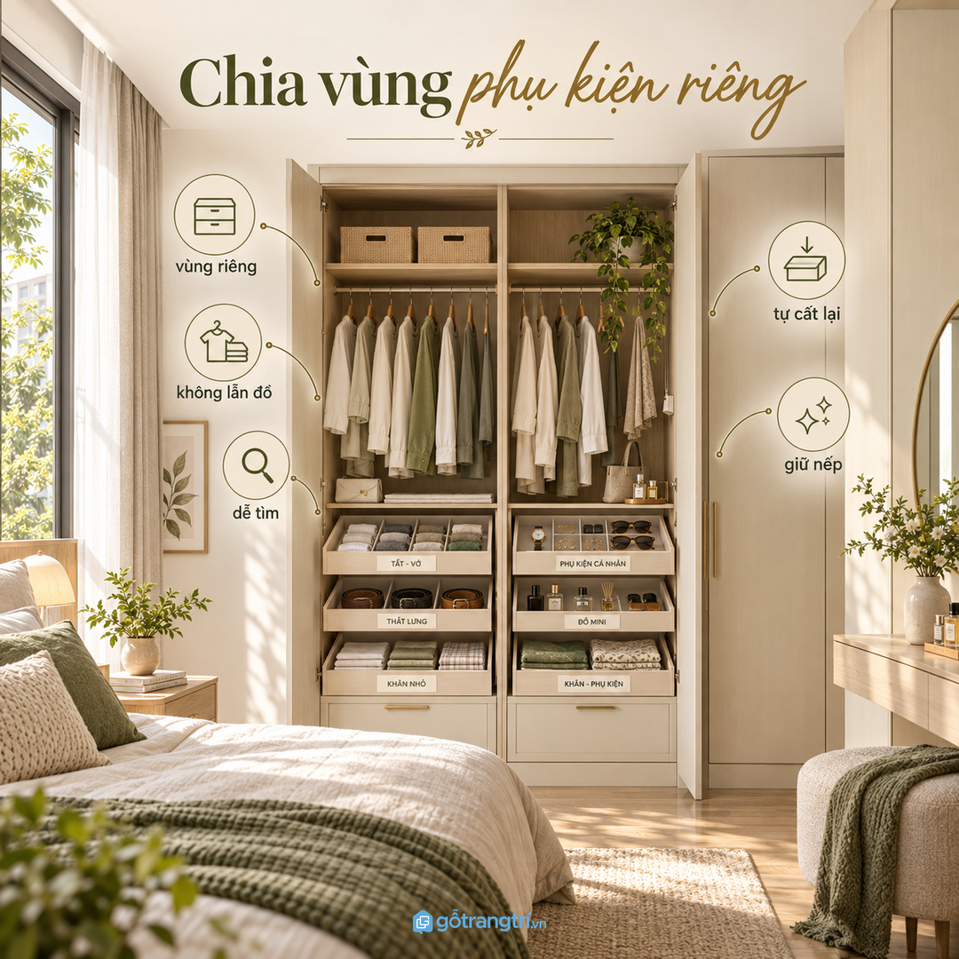 Phòng ngủ vợ chồng nên chia vùng phụ kiện riêng để không lẫn đồ