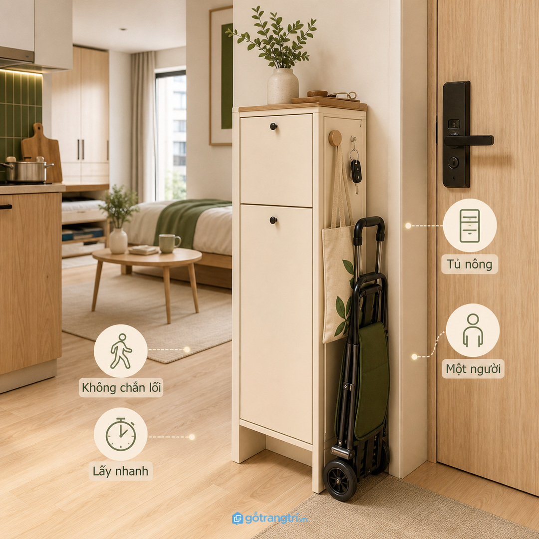 Căn hộ một người hợp tủ nông cạnh cửa, lấy xe nhanh mà không chắn lối