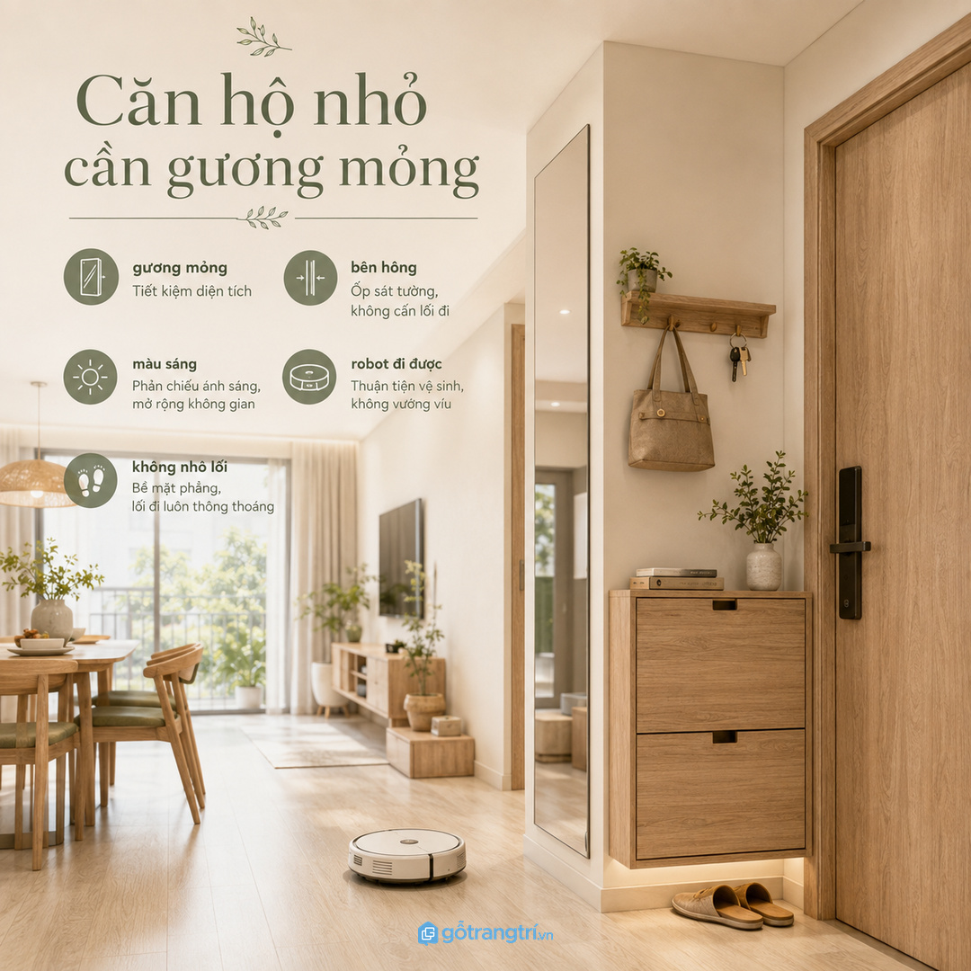 Căn hộ nhỏ hợp vách gương mỏng, đặt bên hông và không nhô lối đi