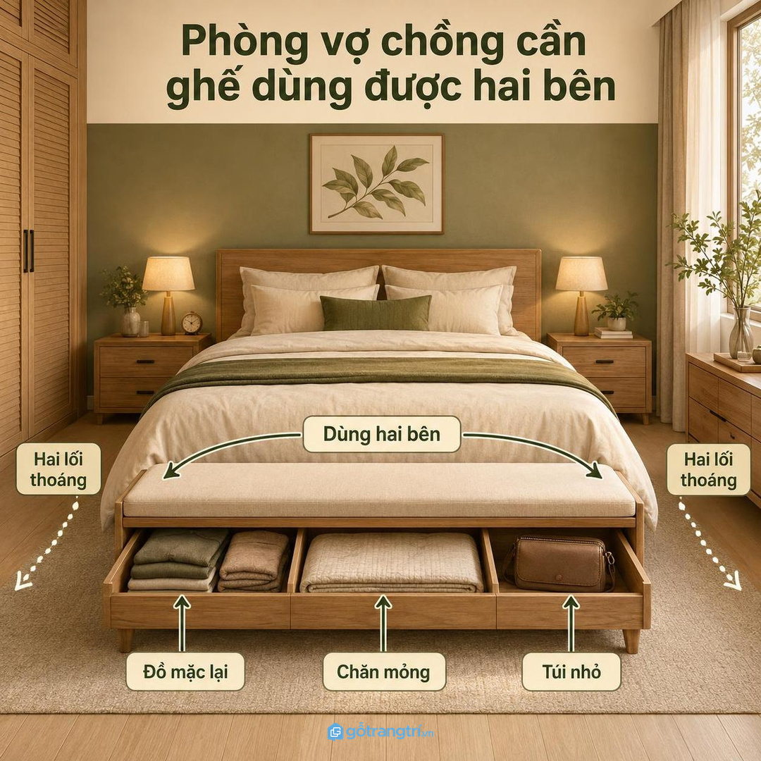 Phòng vợ chồng nên dùng ghế đủ rộng, chia hộc nhẹ và giữ hai lối đi thoáng