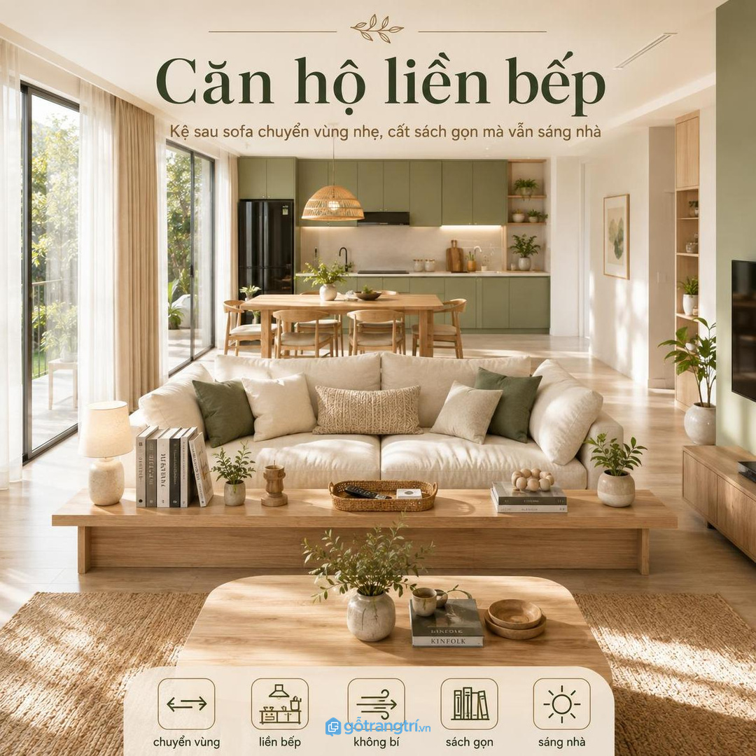 Nhà phố hẹp nên dùng kệ sau sofa như đường lưu trữ chuyển tiếp