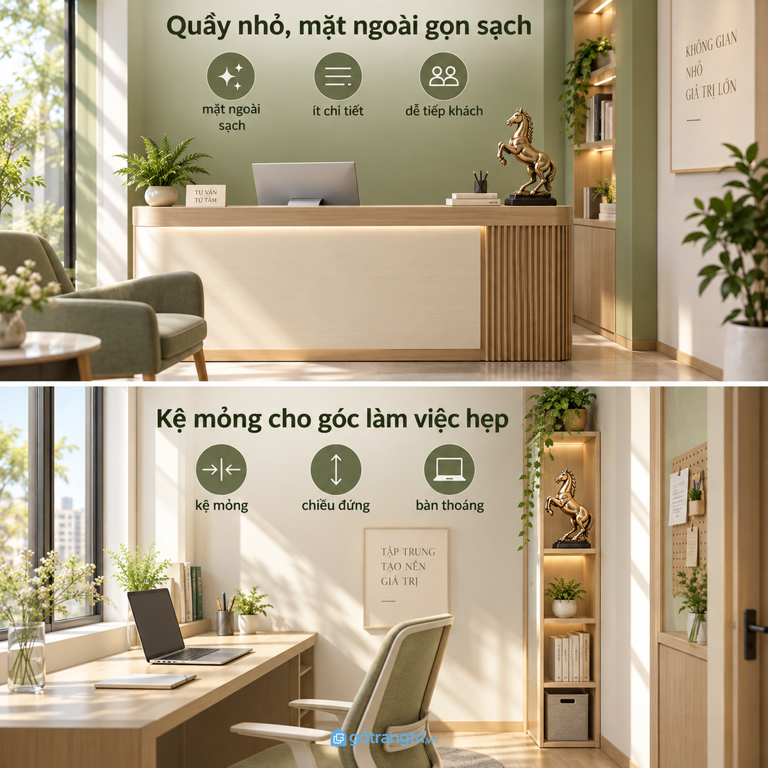 Quầy tư vấn nhỏ nên giữ mặt ngoài kệ thật sạch để dễ tiếp khách
