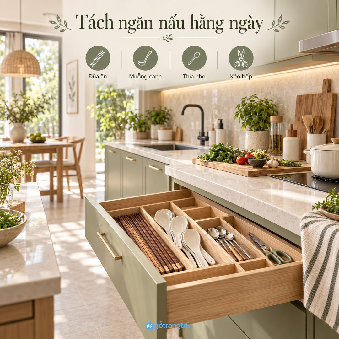 Khay thìa đũa gần bàn ăn giúp dọn bàn nhanh sau mỗi bữa