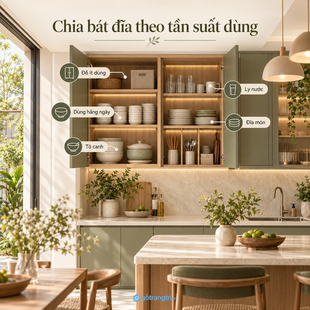 Nhà nấu nhiều nên chia bát đĩa theo tần suất dùng