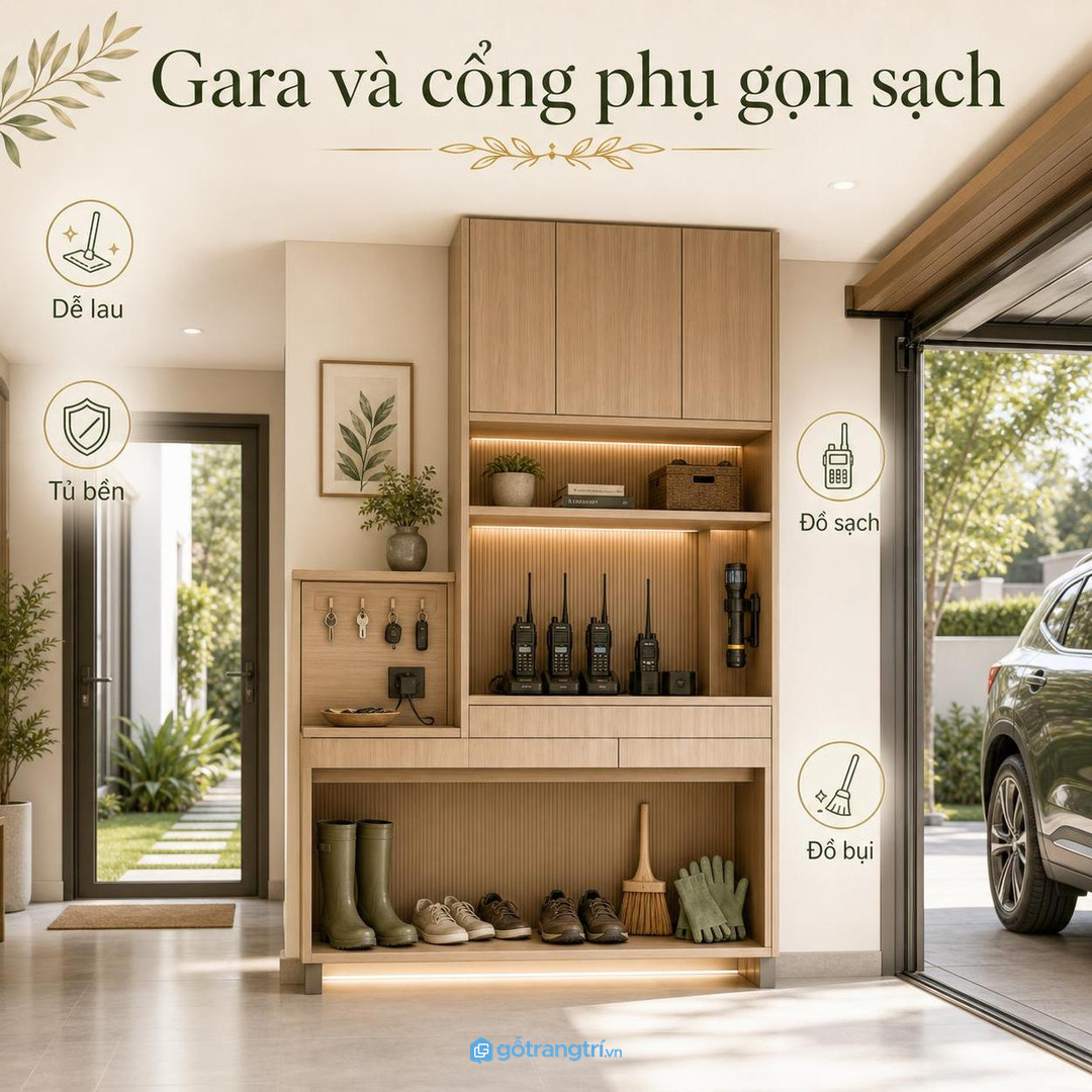 Gara và cổng phụ cần tủ bền dễ lau tách đồ sạch với đồ bụi