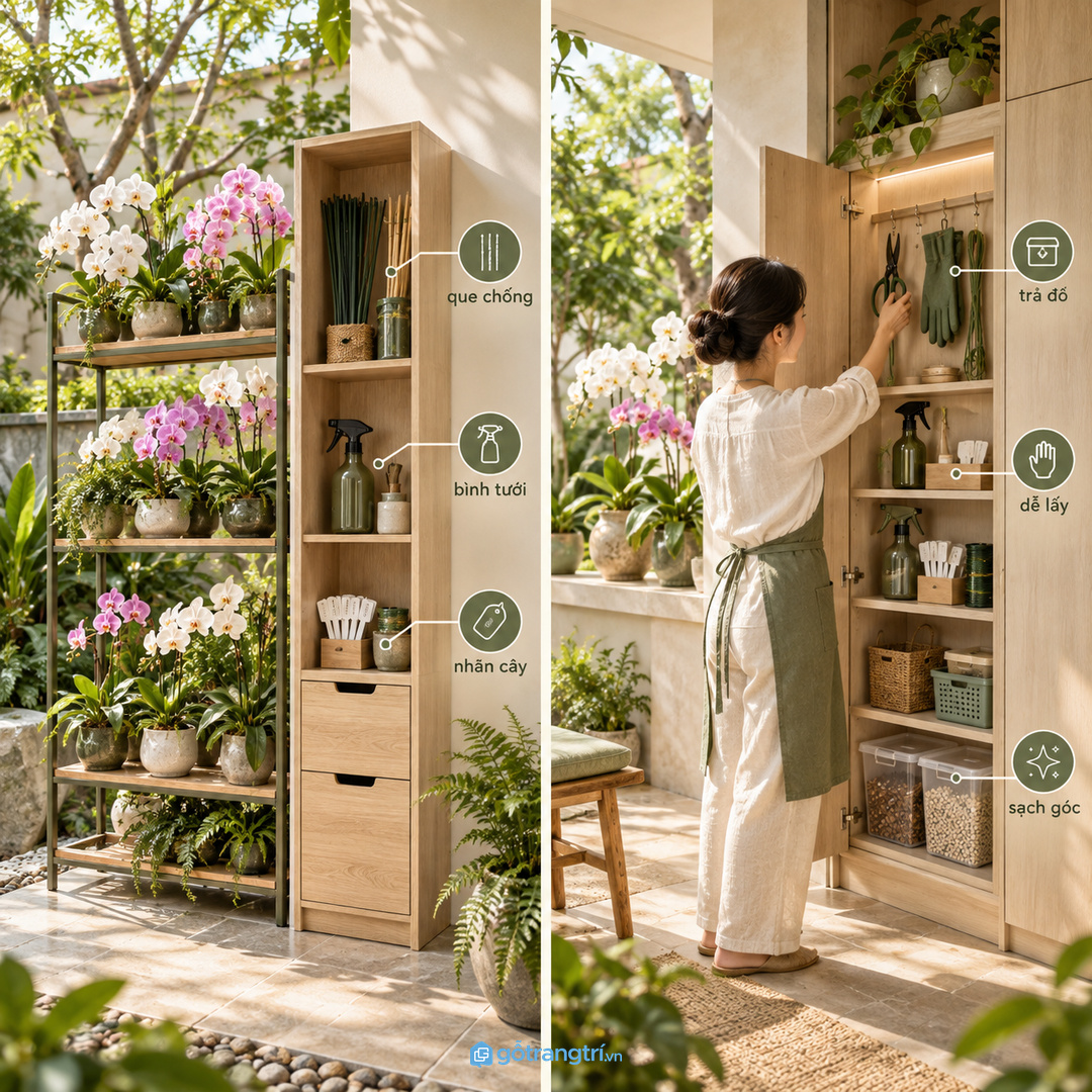 Góc lan nhiều tầng cần khoang đứng cho que chống và bình tưới