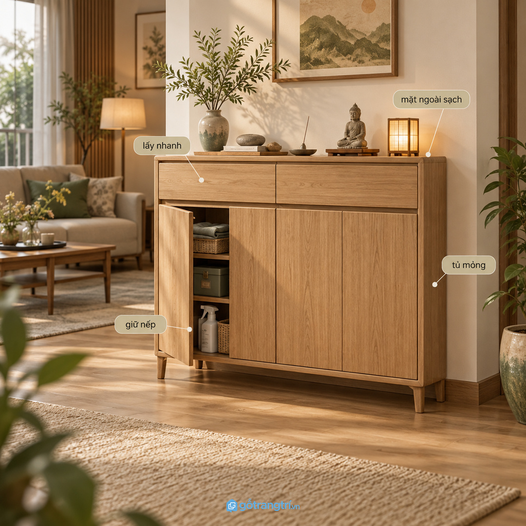 Góc tiếp khách cần mặt ngoài sạch và hộc kín cho đồ phụ trợ