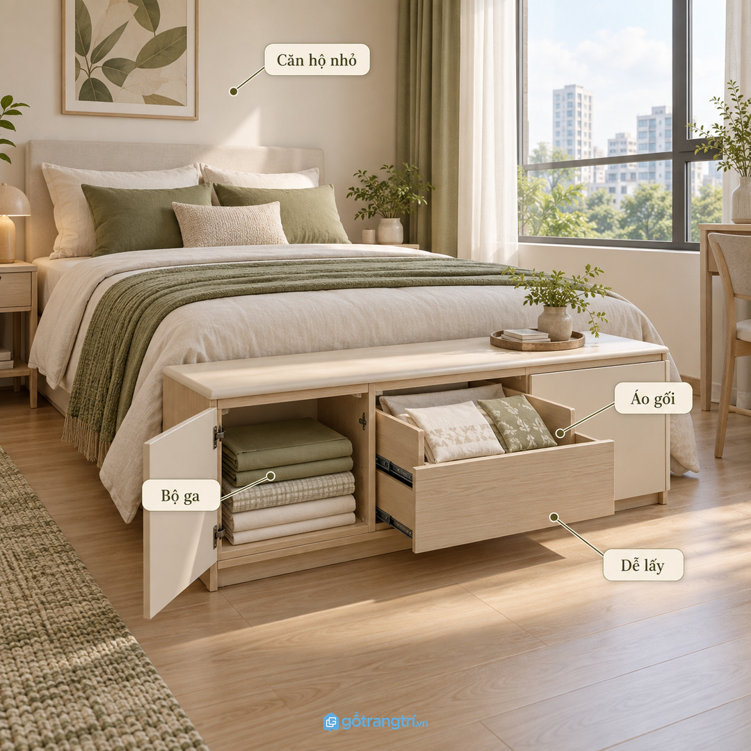 Căn hộ nhỏ nên dùng khoang dễ thấy để thay ga nhanh hơn
