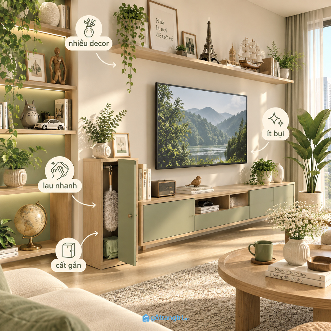 Phòng khách nhiều decor cần trạm lau bụi gần nhưng không lộ bừa