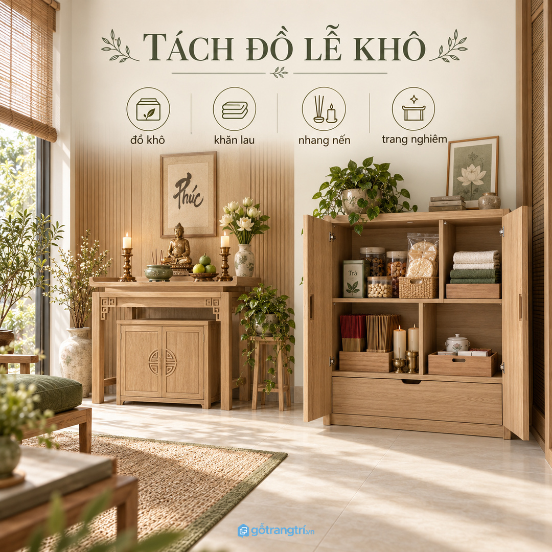 Nhà phố có ban thờ riêng nên tách đồ lễ khô và khăn lau